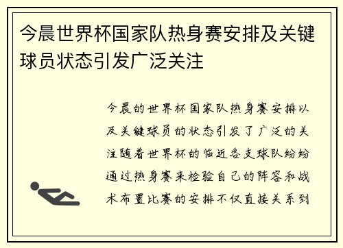 今晨世界杯国家队热身赛安排及关键球员状态引发广泛关注